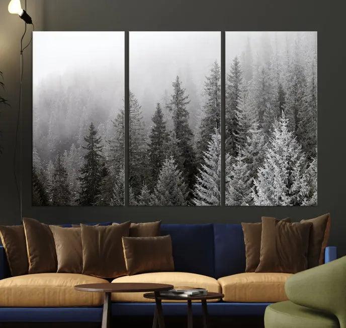 The living room's wall is adorned with the "Big Foggy Forest and Misty Trees Forest Wall Art Canvas Print," which adds an elegant touch to the space.