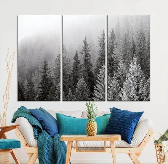 The living room's wall is adorned with the "Big Foggy Forest and Misty Trees Forest Wall Art Canvas Print," which adds an elegant touch to the space.