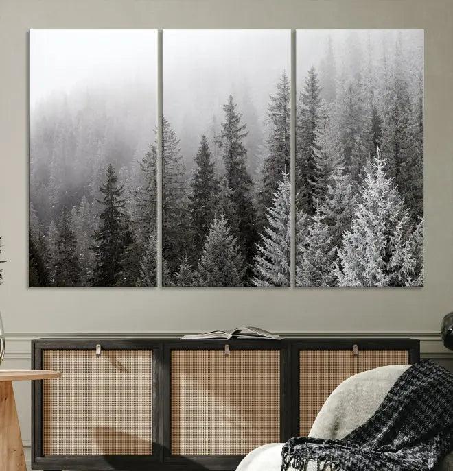 The living room's wall is adorned with the "Big Foggy Forest and Misty Trees Forest Wall Art Canvas Print," which adds an elegant touch to the space.