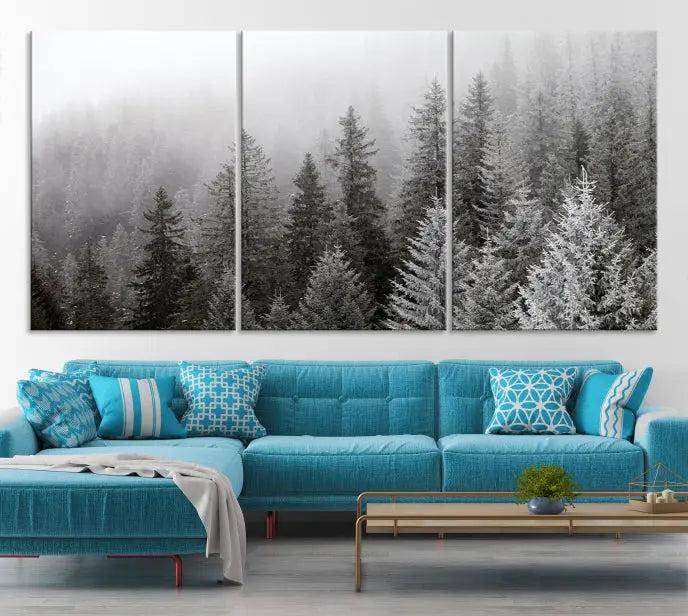 The living room's wall is adorned with the "Big Foggy Forest and Misty Trees Forest Wall Art Canvas Print," which adds an elegant touch to the space.