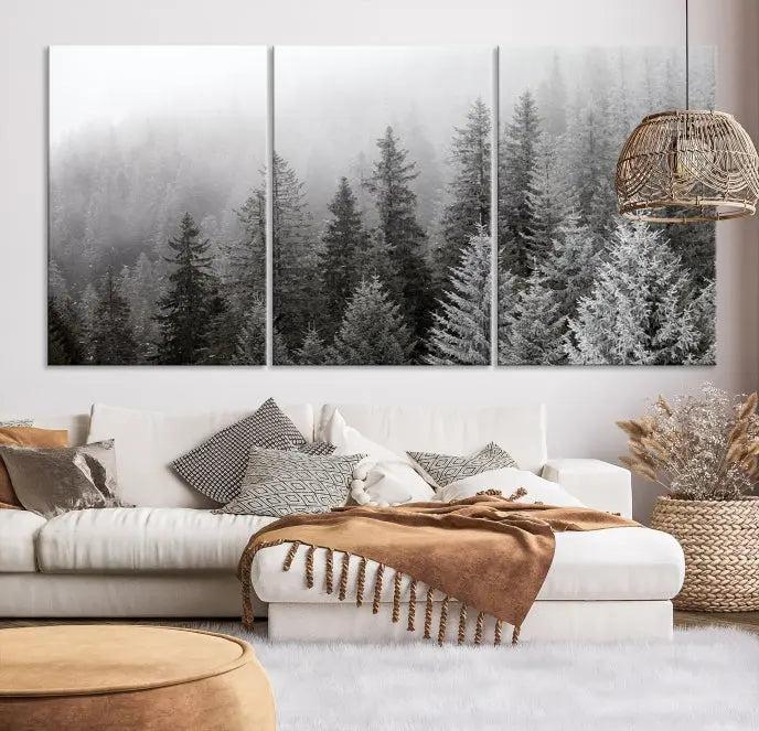 The living room's wall is adorned with the "Big Foggy Forest and Misty Trees Forest Wall Art Canvas Print," which adds an elegant touch to the space.