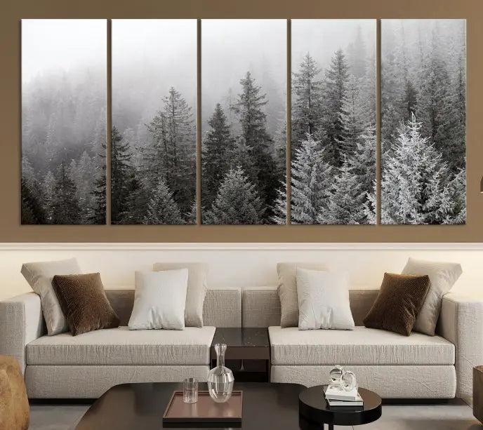 The living room's wall is adorned with the "Big Foggy Forest and Misty Trees Forest Wall Art Canvas Print," which adds an elegant touch to the space.