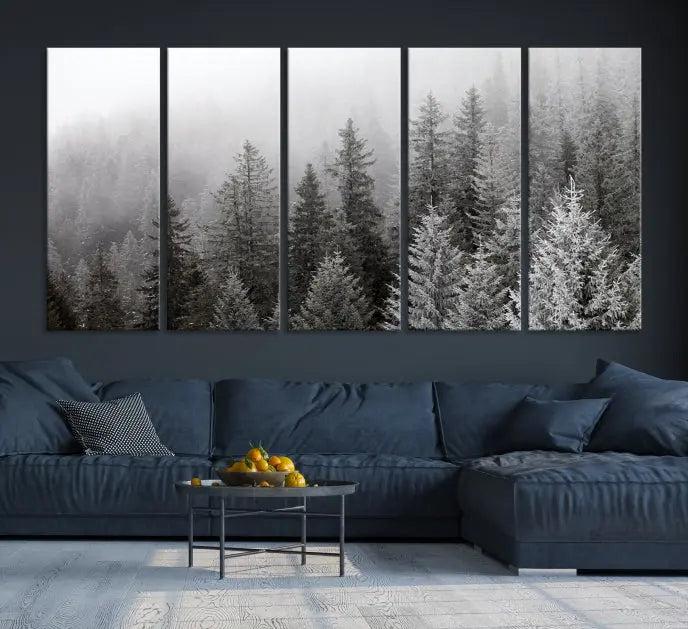 The living room's wall is adorned with the "Big Foggy Forest and Misty Trees Forest Wall Art Canvas Print," which adds an elegant touch to the space.