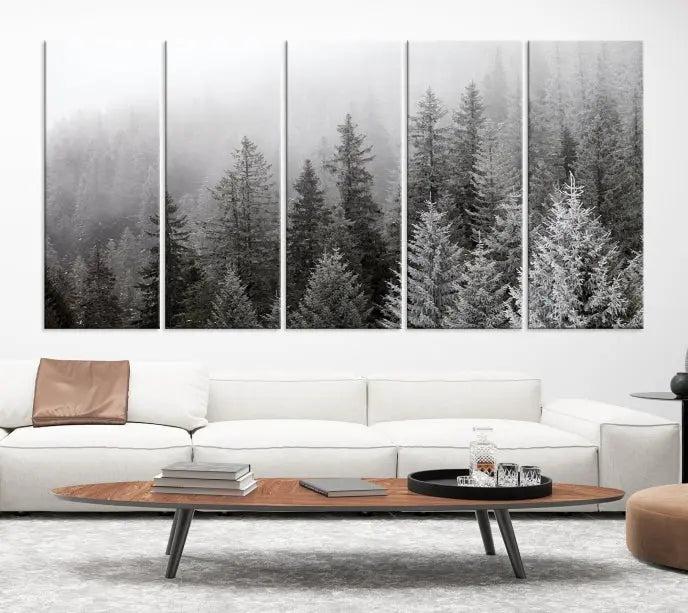 The living room's wall is adorned with the "Big Foggy Forest and Misty Trees Forest Wall Art Canvas Print," which adds an elegant touch to the space.