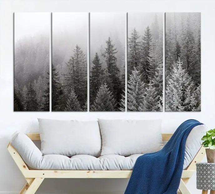 The living room's wall is adorned with the "Big Foggy Forest and Misty Trees Forest Wall Art Canvas Print," which adds an elegant touch to the space.