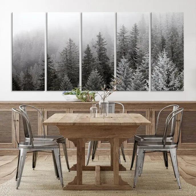 The living room's wall is adorned with the "Big Foggy Forest and Misty Trees Forest Wall Art Canvas Print," which adds an elegant touch to the space.