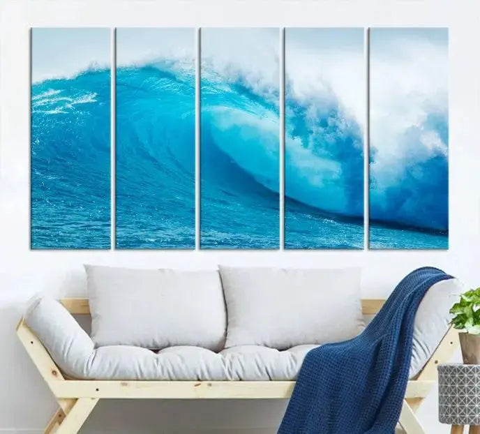 Big Ocean Surfing Wave Wall Art Canvas Print displayed in a minimalist room.