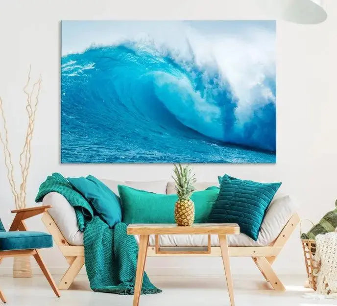 Big Ocean Surfing Wave Wall Art Canvas Print displayed in a minimalist room.