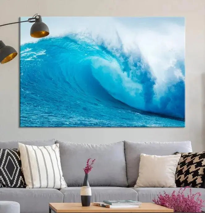 Big Ocean Surfing Wave Wall Art Canvas Print displayed in a minimalist room.