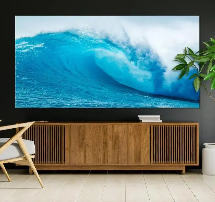 Big Ocean Surfing Wave Wall Art Canvas Print displayed in a minimalist room.