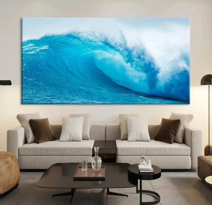 Big Ocean Surfing Wave Wall Art Canvas Print displayed in a minimalist room.