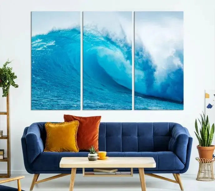 Big Ocean Surfing Wave Wall Art Canvas Print displayed in a minimalist room.