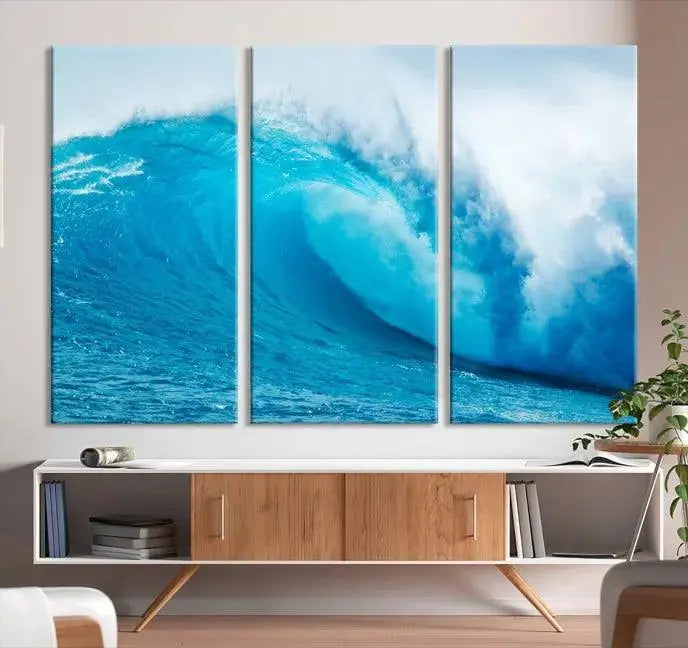 Big Ocean Surfing Wave Wall Art Canvas Print displayed in a minimalist room.