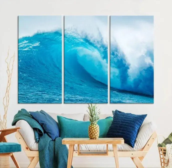 Big Ocean Surfing Wave Wall Art Canvas Print displayed in a minimalist room.