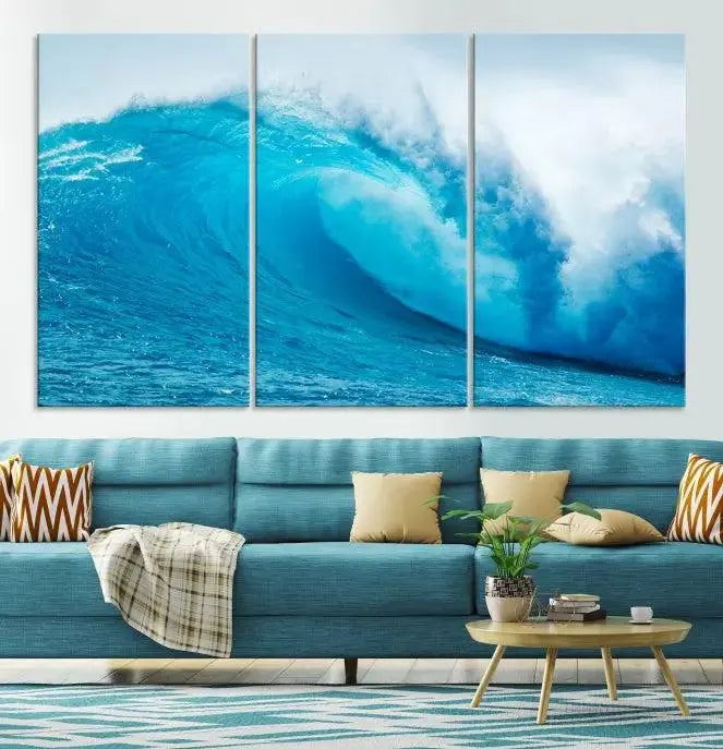 Big Ocean Surfing Wave Wall Art Canvas Print displayed in a minimalist room.