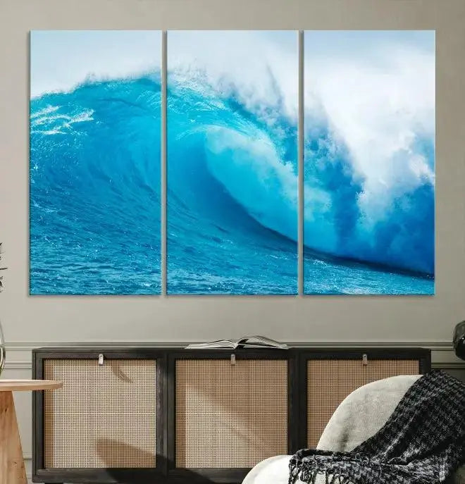 Big Ocean Surfing Wave Wall Art Canvas Print displayed in a minimalist room.