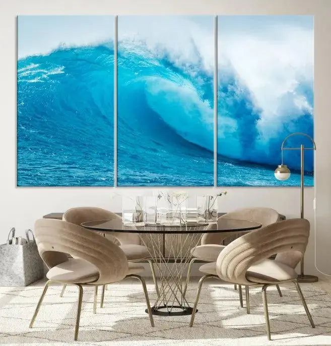 Big Ocean Surfing Wave Wall Art Canvas Print displayed in a minimalist room.