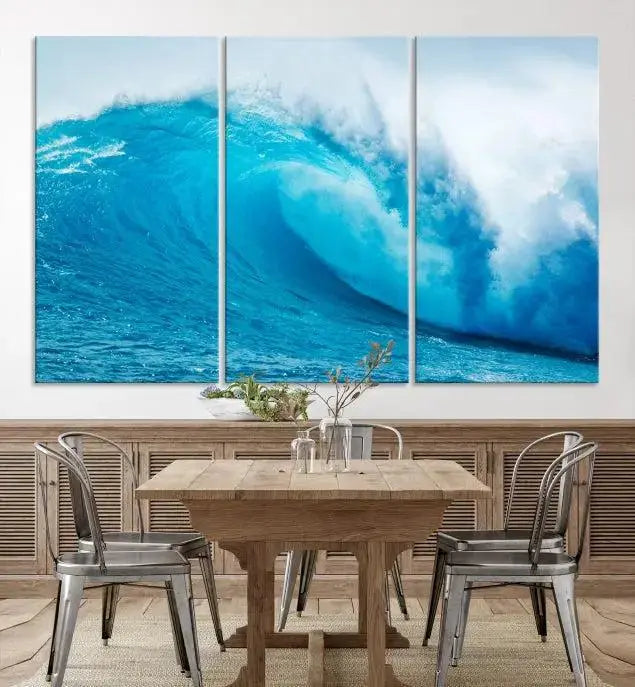 Big Ocean Surfing Wave Wall Art Canvas Print displayed in a minimalist room.