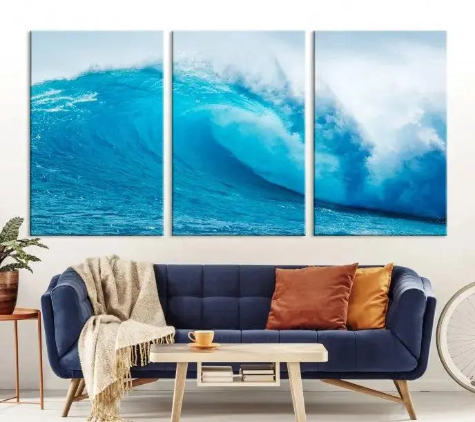 Big Ocean Surfing Wave Wall Art Canvas Print displayed in a minimalist room.