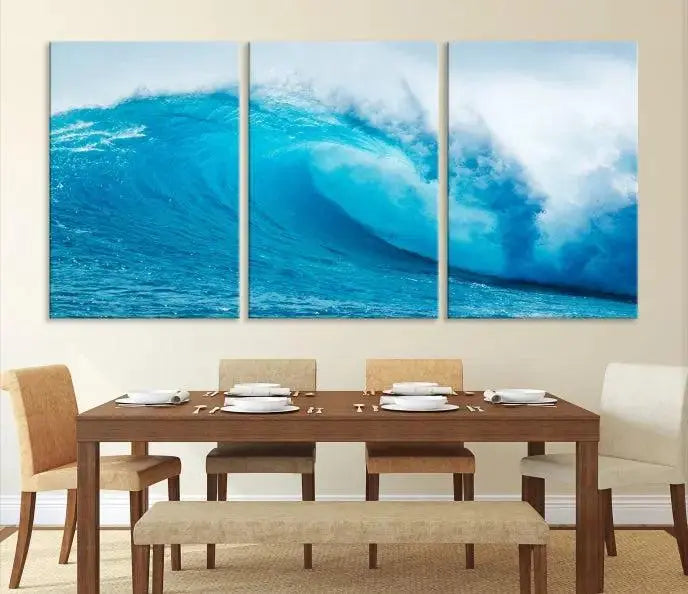 Big Ocean Surfing Wave Wall Art Canvas Print displayed in a minimalist room.