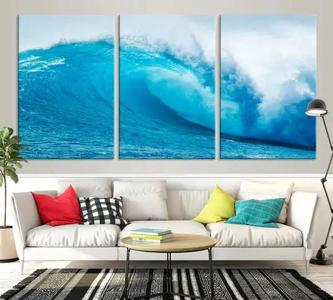 Big Ocean Surfing Wave Wall Art Canvas Print displayed in a minimalist room.