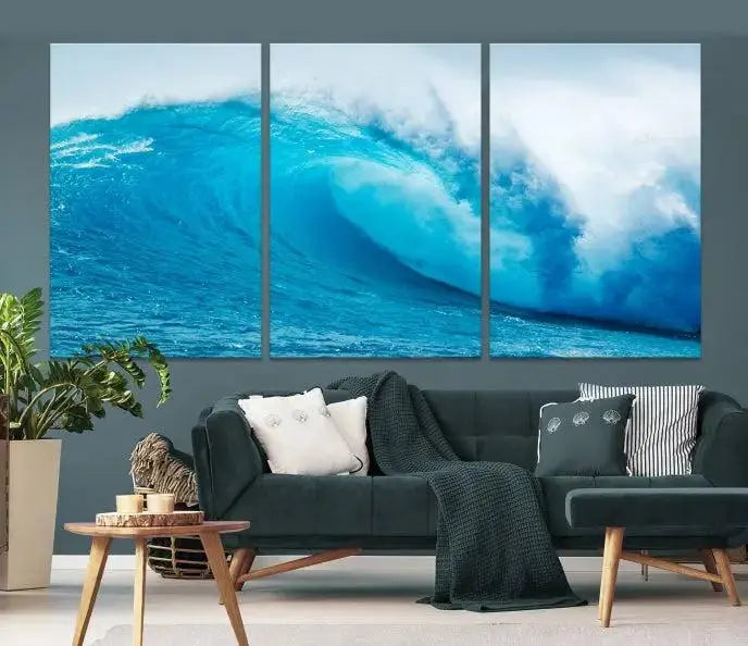 Big Ocean Surfing Wave Wall Art Canvas Print displayed in a minimalist room.