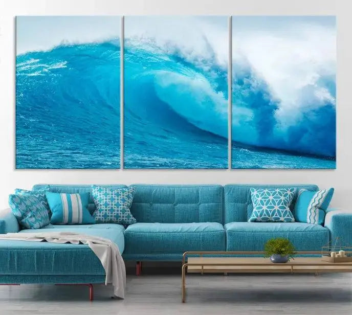 Big Ocean Surfing Wave Wall Art Canvas Print displayed in a minimalist room.