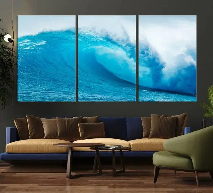 Big Ocean Surfing Wave Wall Art Canvas Print displayed in a minimalist room.