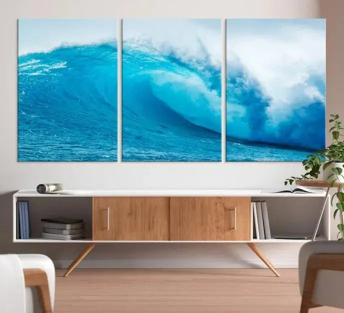 Big Ocean Surfing Wave Wall Art Canvas Print displayed in a minimalist room.