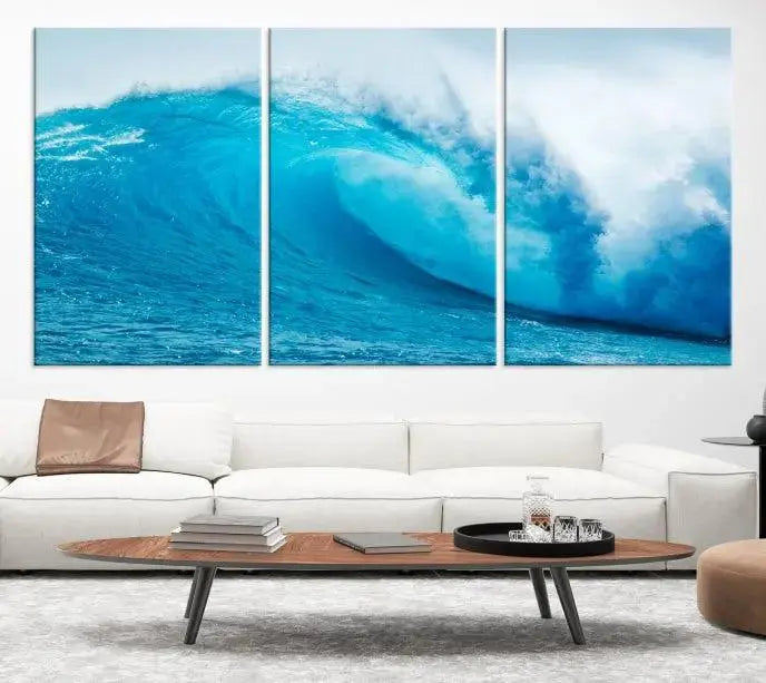 Big Ocean Surfing Wave Wall Art Canvas Print displayed in a minimalist room.