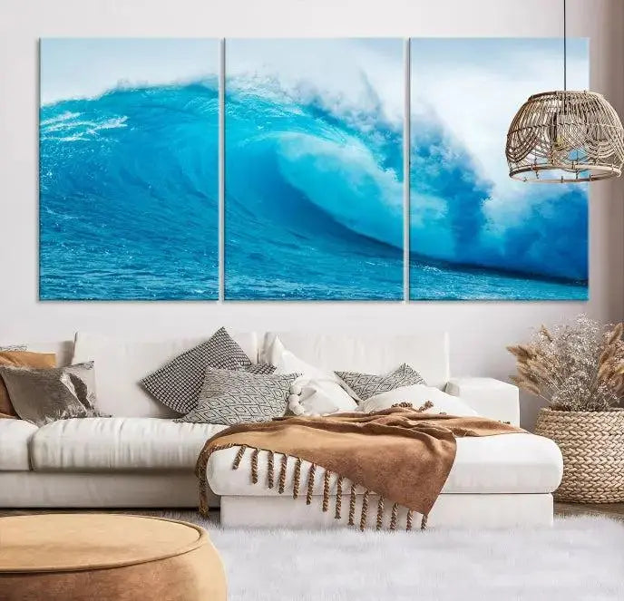 Big Ocean Surfing Wave Wall Art Canvas Print displayed in a minimalist room.