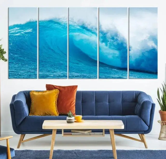 Big Ocean Surfing Wave Wall Art Canvas Print displayed in a minimalist room.