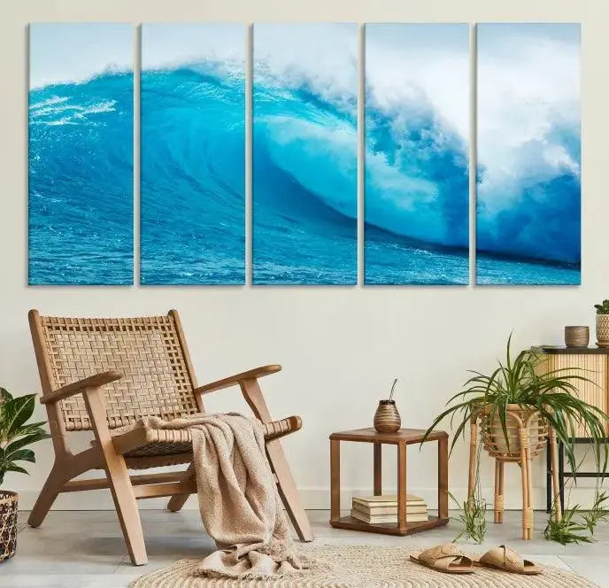 Big Ocean Surfing Wave Wall Art Canvas Print displayed in a minimalist room.