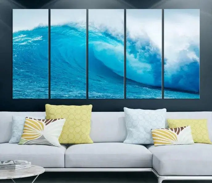 Big Ocean Surfing Wave Wall Art Canvas Print displayed in a minimalist room.