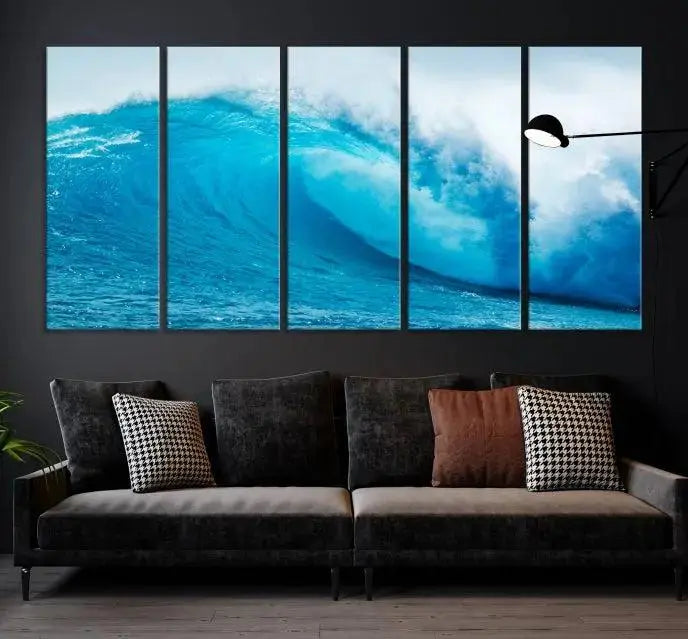 Big Ocean Surfing Wave Wall Art Canvas Print displayed in a minimalist room.