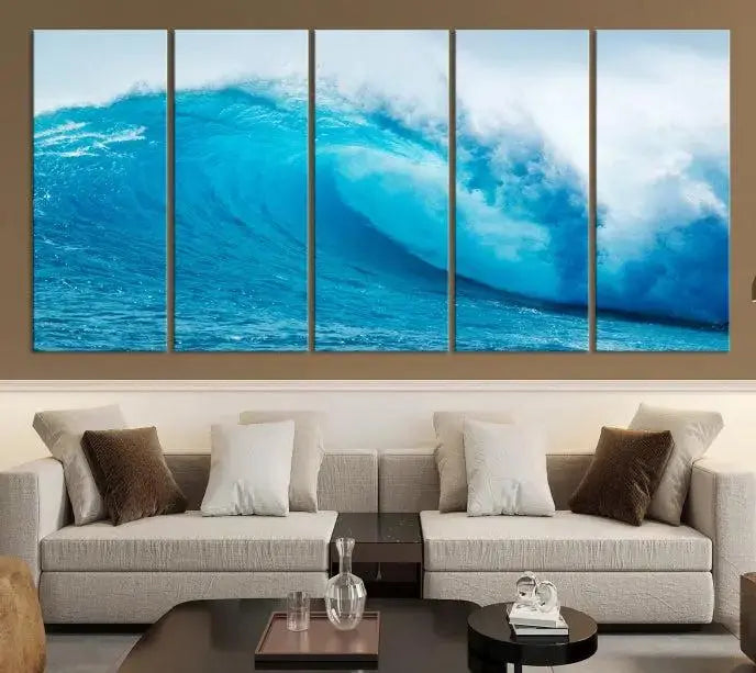 Big Ocean Surfing Wave Wall Art Canvas Print displayed in a minimalist room.