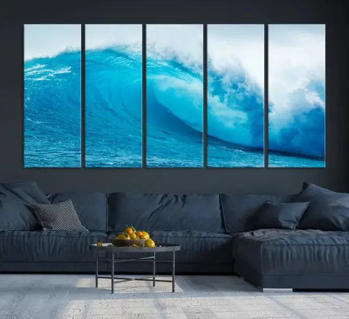 Big Ocean Surfing Wave Wall Art Canvas Print displayed in a minimalist room.