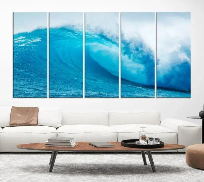 Big Ocean Surfing Wave Wall Art Canvas Print displayed in a minimalist room.