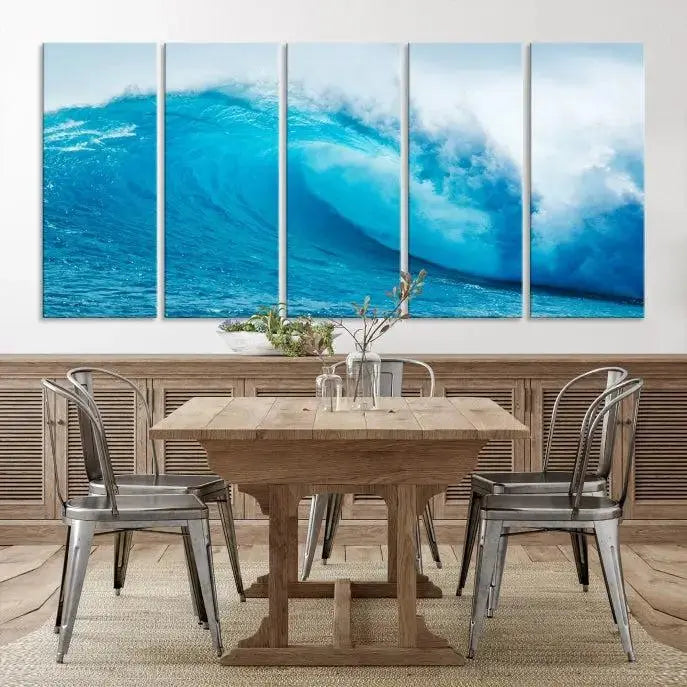 Big Ocean Surfing Wave Wall Art Canvas Print displayed in a minimalist room.