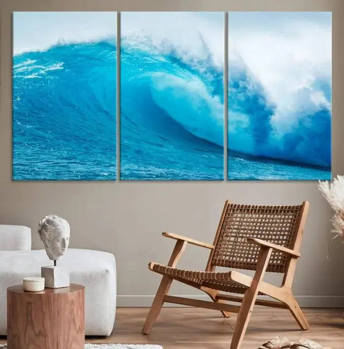 Big Ocean Surfing Wave Wall Art Canvas Print displayed in a minimalist room.