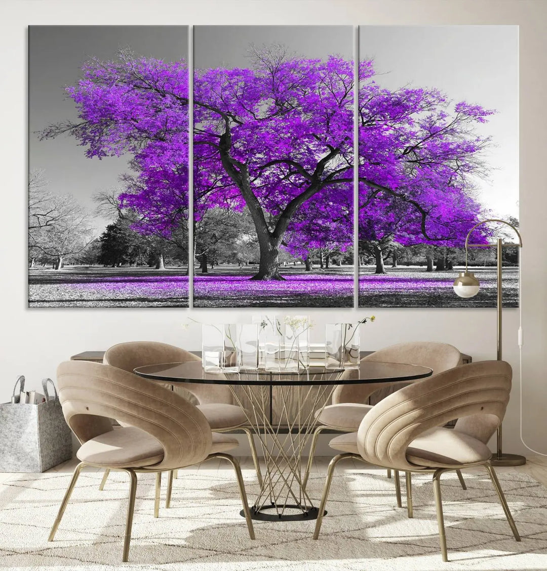 The Big Purple Tree Wall Art Canvas Print, showcasing a tree with vibrant purple leaves across three panels, is expertly crafted on museum-quality canvases.