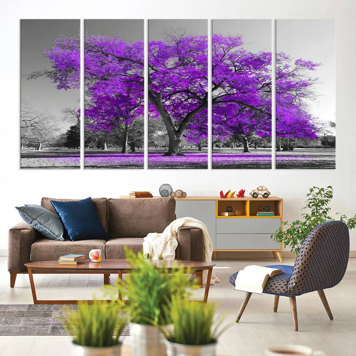 The Big Purple Tree Wall Art Canvas Print, showcasing a tree with vibrant purple leaves across three panels, is expertly crafted on museum-quality canvases.