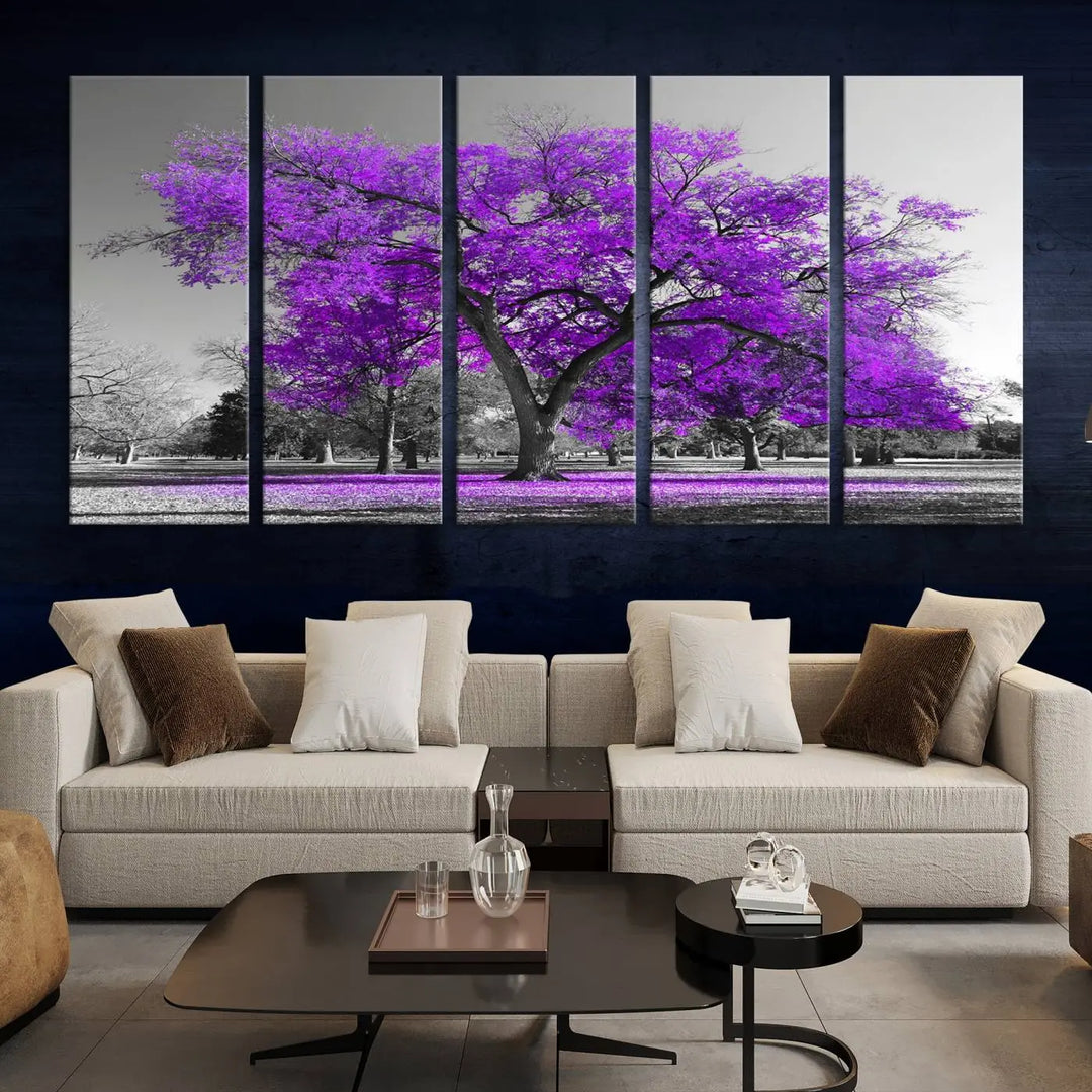 The Big Purple Tree Wall Art Canvas Print, showcasing a tree with vibrant purple leaves across three panels, is expertly crafted on museum-quality canvases.