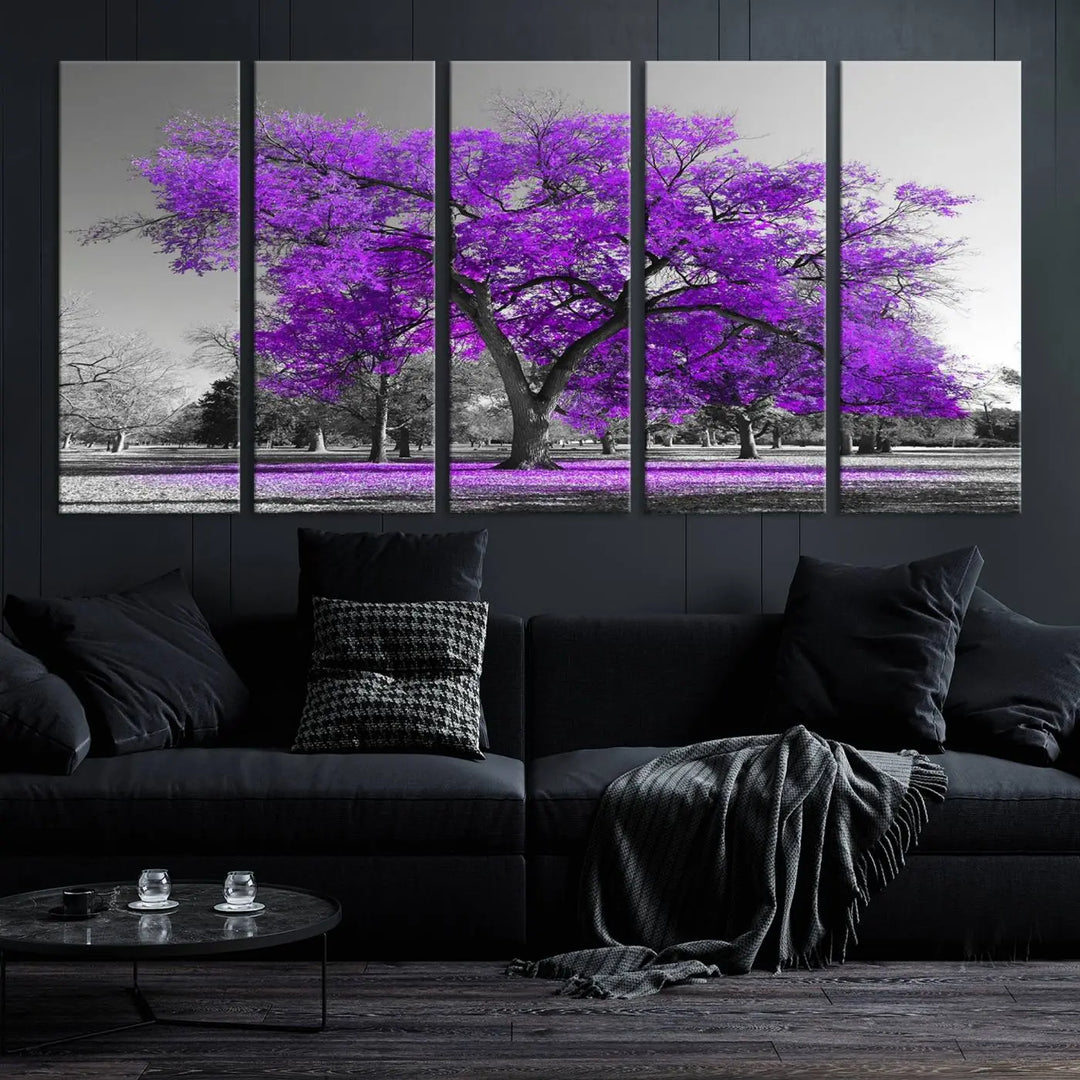 The Big Purple Tree Wall Art Canvas Print, showcasing a tree with vibrant purple leaves across three panels, is expertly crafted on museum-quality canvases.