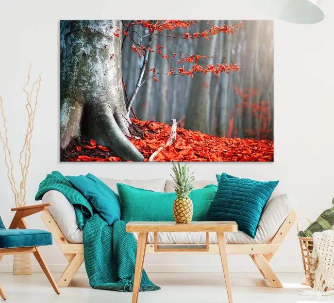 The "Big Tree and Forest Red Leave Wall Art Canvas Print" adorns the wall, featuring a striking triptych of a forest scene with a large tree trunk and vibrant red leaves. This artwork is printed on museum-quality Polycotton canvas and comes ready to hang, offering both elegance and durability.