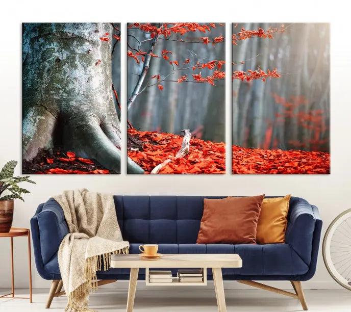 The "Big Tree and Forest Red Leave Wall Art Canvas Print" adorns the wall, featuring a striking triptych of a forest scene with a large tree trunk and vibrant red leaves. This artwork is printed on museum-quality Polycotton canvas and comes ready to hang, offering both elegance and durability.