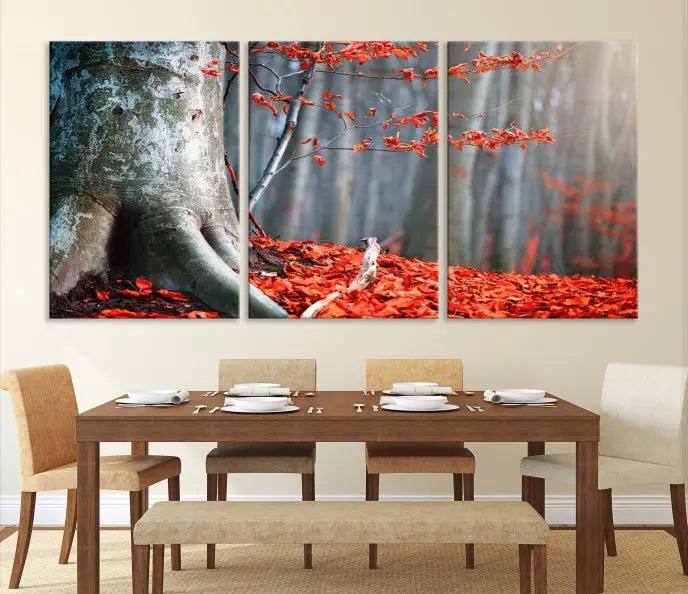 The "Big Tree and Forest Red Leave Wall Art Canvas Print" adorns the wall, featuring a striking triptych of a forest scene with a large tree trunk and vibrant red leaves. This artwork is printed on museum-quality Polycotton canvas and comes ready to hang, offering both elegance and durability.