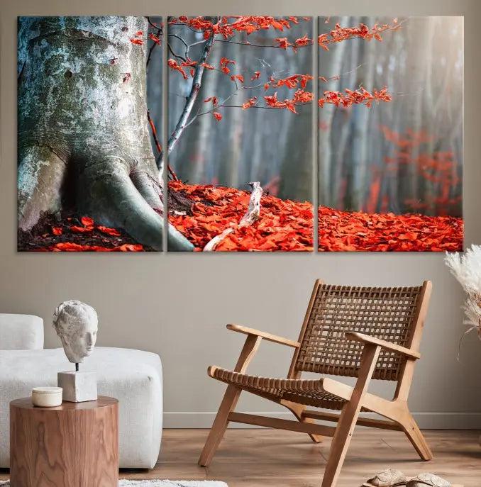 The "Big Tree and Forest Red Leave Wall Art Canvas Print" adorns the wall, featuring a striking triptych of a forest scene with a large tree trunk and vibrant red leaves. This artwork is printed on museum-quality Polycotton canvas and comes ready to hang, offering both elegance and durability.