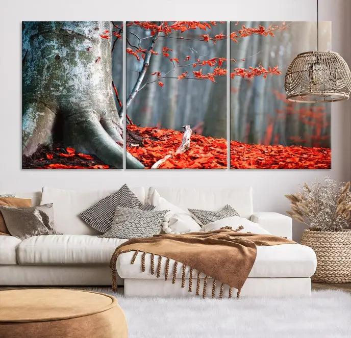 The "Big Tree and Forest Red Leave Wall Art Canvas Print" adorns the wall, featuring a striking triptych of a forest scene with a large tree trunk and vibrant red leaves. This artwork is printed on museum-quality Polycotton canvas and comes ready to hang, offering both elegance and durability.