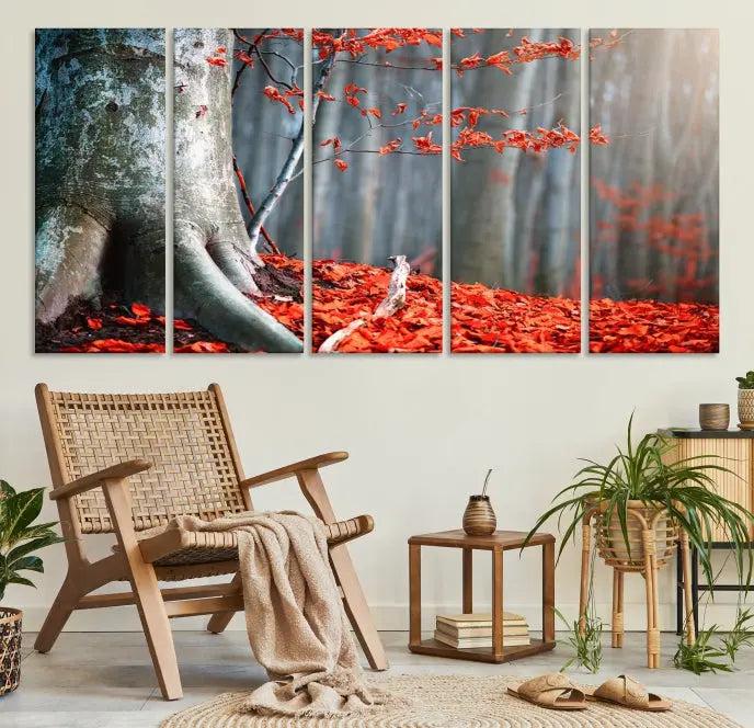 The "Big Tree and Forest Red Leave Wall Art Canvas Print" adorns the wall, featuring a striking triptych of a forest scene with a large tree trunk and vibrant red leaves. This artwork is printed on museum-quality Polycotton canvas and comes ready to hang, offering both elegance and durability.